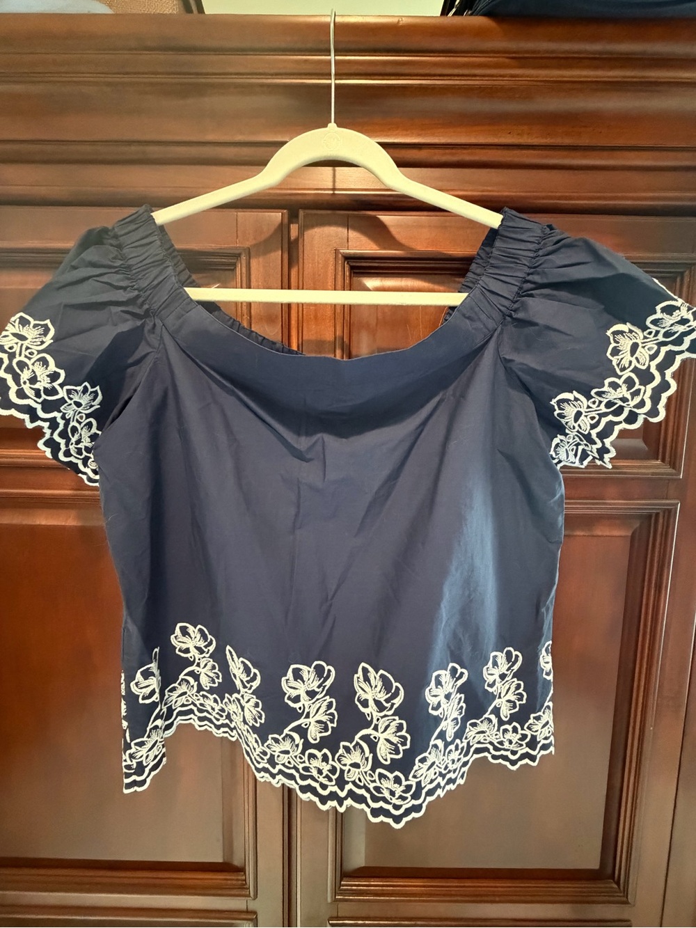 Draper James Navy Blue Off-Shoulder Top with White Floral Embroidery